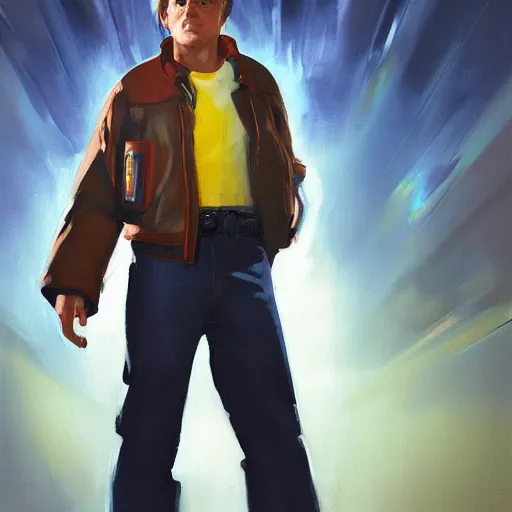 Prompt: greg manchess portrait painting of marty mcfly from back to the future as overwatch character, medium shot, asymmetrical, profile picture, organic painting, sunny day, matte painting, bold shapes, hard edges, street art, trending on artstation, by huang guangjian, gil elvgren, ruan jia, randy vargas, greg rutkowski