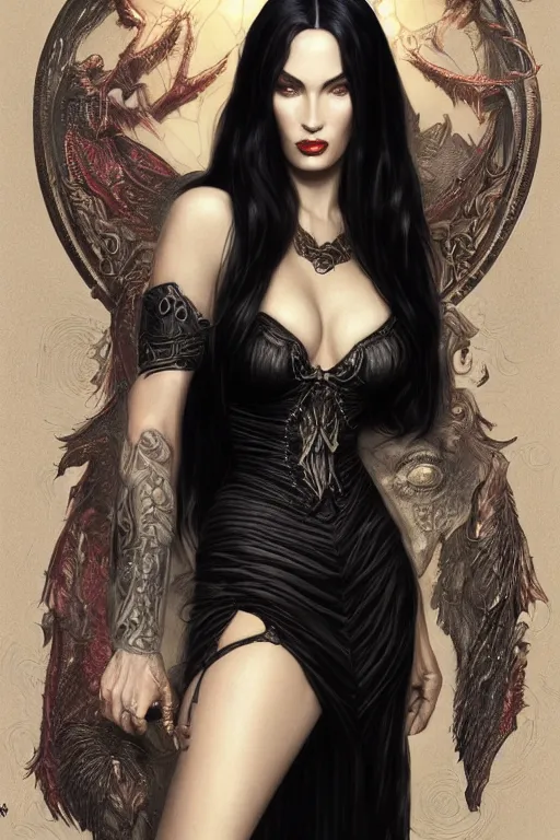 Image similar to ultra realistic illustration, megan fox as morticia addams from baldurs gate and diablo, intricate, elegant, highly detailed, digital painting, artstation, concept art, smooth, sharp focus, illustration, art by artgerm and greg rutkowski and alphonse mucha