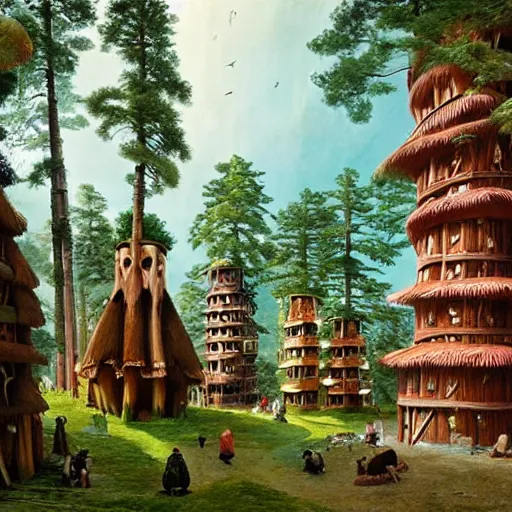 Image similar to Tlingit Maori forest of redwoods carved into towers with bulbous balconies, with a bazaar among their roots, by Studio Ghibli, Bruegel, Greg Rutkowski, and Ansel Adams, 1080p