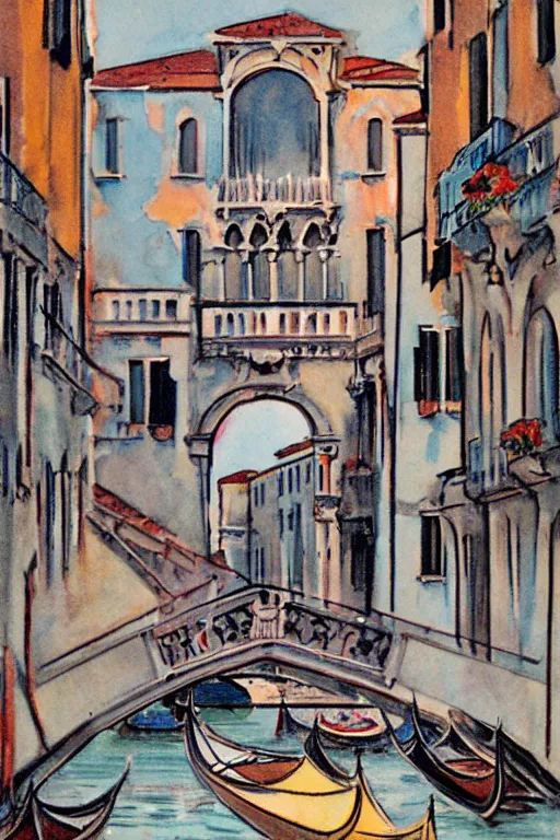 Image similar to vintage art of venice, in the style of katinka reinke