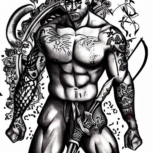 Image similar to muscular bald man, tattooed body, sword in hands, HD, anime style,