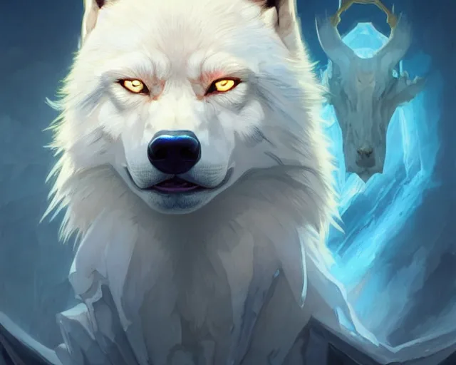 Image similar to albino wolf with blue eyes, backlight, rim lighting, deep focus, d & d, fantasy, intricate, elegant, highly detailed, digital painting, artstation, concept art, matte, sharp focus, illustration, hearthstone, art by artgerm and greg rutkowski and alphonse mucha