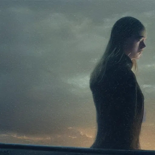 Prompt: silhouette of Elle Fanning on a boat, stormy weather, extremely detailed masterpiece, oil on canvas, low-key neon lighting, artstation, Blade Runner 2049, Roger Deakin’s cinematography, by J. C. Leyendecker and Peter Paul Rubens,