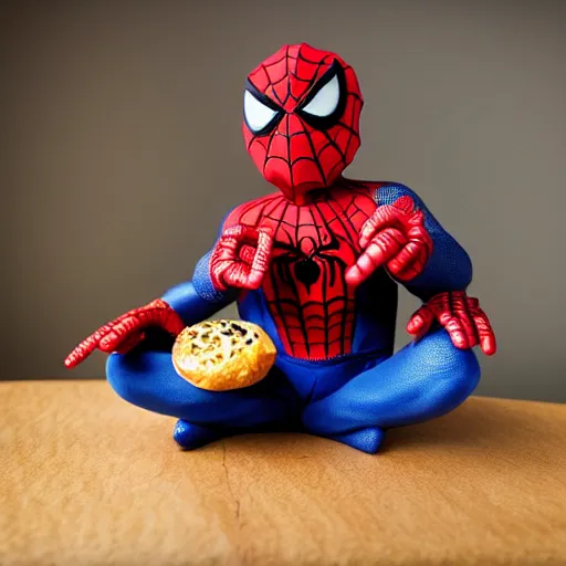 Image similar to overweight spider - man eating a bagel, photograph, 8 k