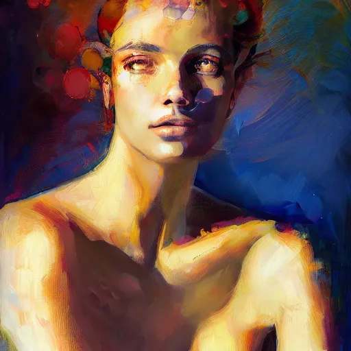 Prompt: portrait of a beautiful stunning young woman sitting with full face full figure seductive sensual alluring attractive, in the style of disco elysium, expressionism, artstation, trending, by aleksander rostov, jenny saville, rembrandt, alex kanevsky, wassily kandinsky, dave mckean, yoshitaka amano