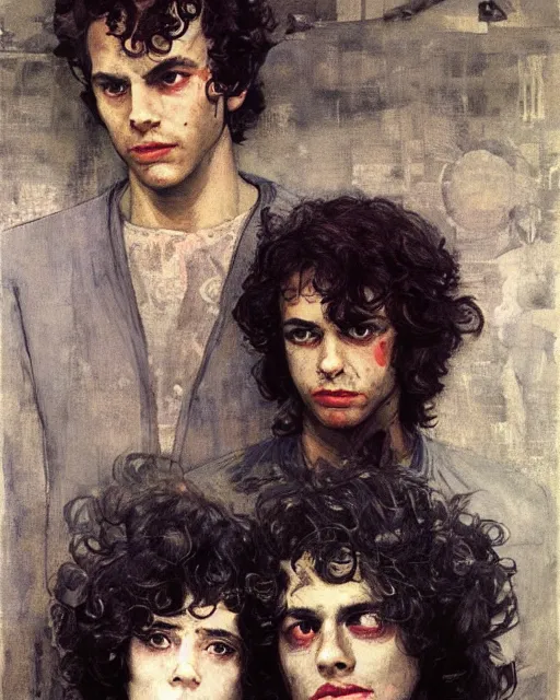 Prompt: two handsome but creepy young people in layers of fear, with haunted eyes and curly hair, 1 9 7 0 s, seventies, wallpaper, a little blood, moonlight showing injuries, delicate embellishments, painterly, offset printing technique, by coby whitmore, jules bastien - lepage