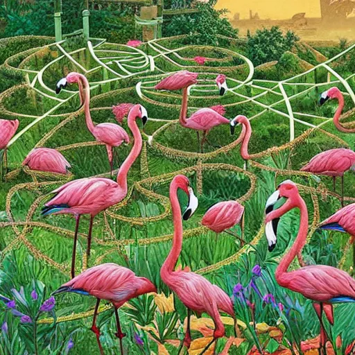 Prompt: a garden maze with flamingos and giraffes looking over the maze, detailed painting, masterpiece, by Geof Darrow, WLOP and artgerm