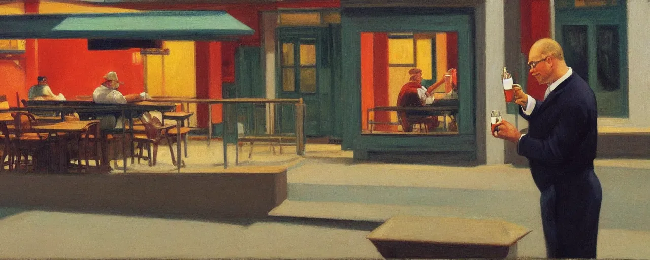 Prompt: a casually-dressed middle-aged man drinking a beer on a patio, picture in the style of Edward Hopper