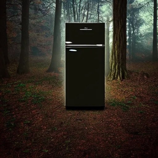 Prompt: a fridge in the middle of a dark and scary forest, sinister, mysterious, stranger things style photo, hdr, trend on artstation