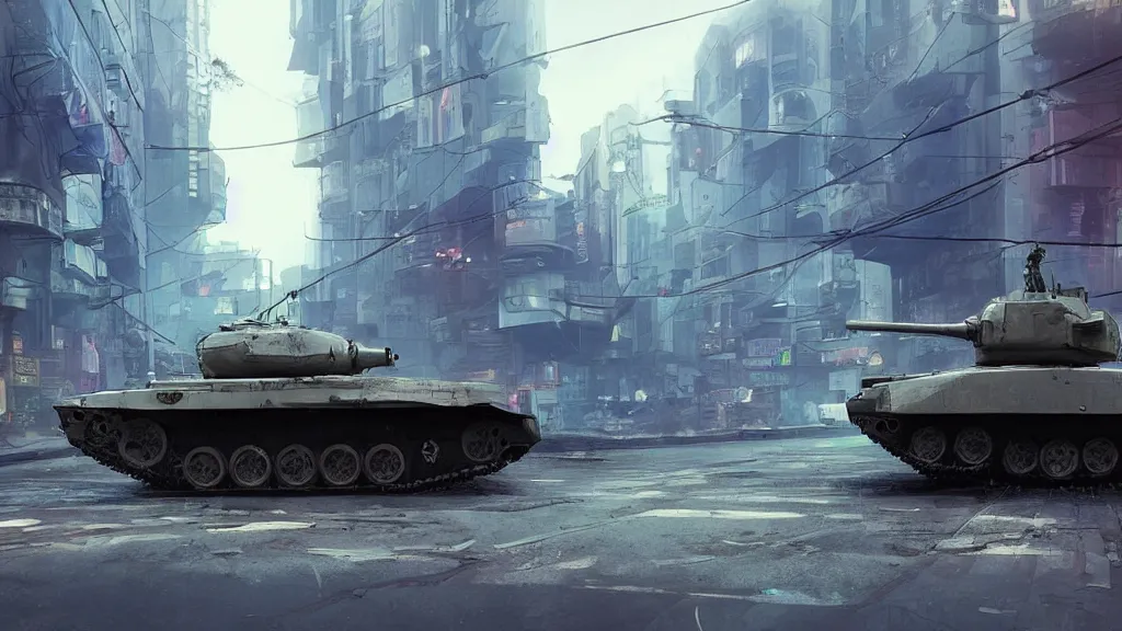 Prompt: a tank in the middle of a street cyberpunk