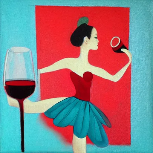 Image similar to square painting of a ballerina drinking wine in a teal room all on a red background