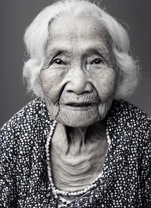 Prompt: portrait of a 9 0 year old woman in a black background photo by rarindra prakarsa, virbrant colors, symmetrical face, she has the beautiful calm face of her mother, slightly smiling, dramatic light, f 1. 2