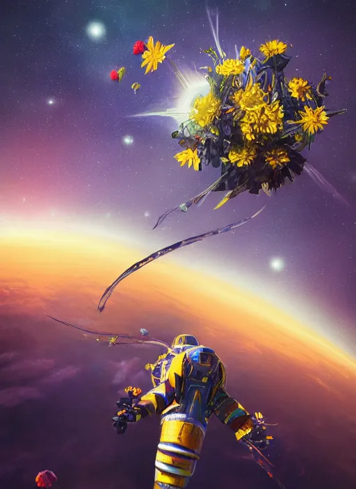 Prompt: An epic fantastic realism comic book style painting of the most beautiful flowers launched into space, bouquets, fisheye lens, unreal 5, DAZ, hyperrealistic, stars in the night sky reflected in the sea, octane render, dynamic lighting