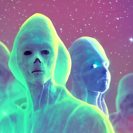 Prompt: ghost people on starship, nebula, colorful, clear