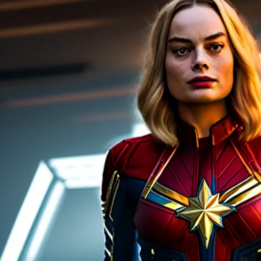 Image similar to Margot Robbie as real-life Captain Marvel, cinematic, Wide-shot, atmospheric lighting, directed by Quentin Tarantino, extreme detail, 8K, movie still