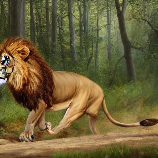 Image similar to an oil painting of lion chasing a deer in the forest, masterpiece, highly detailed, high quality, 4 k, anatomically correct, hyperrealistic, concept art, octane render, unreal engine 5, trending on artstation, trending on deviantart, matte, historical painting, fantasy style, path traced, high coherence, soft lighting, digital painting, mythical