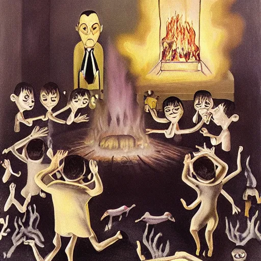 Prompt: A summoning ritual by Charles Addams, detailed, oil on canvas