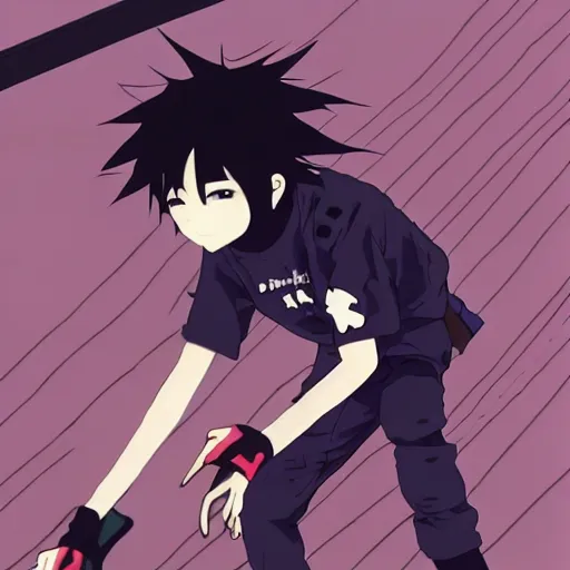 Image similar to japanese emo boy, anime boy, black hair, spiky hair, weird clothing, rollerblading, rollerskates, cel - shading, 2 0 0 1 anime, flcl, jet set radio future, golden hour, japanese town, concentrated buildings, japanese neighborhood, construction site, cel - shaded, strong shadows, vivid hues, y 2 k aesthetic