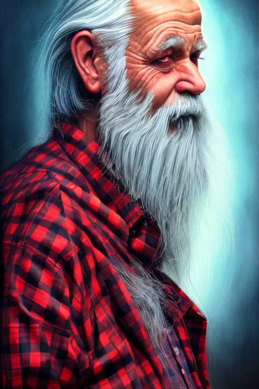 Prompt: an old man wear plaid red shirt + long grey hair + no beard is the man who know everything in the universe by karol bak, james jean, tom bagshaw, rococo, sharp focus, trending on artstation, cinematic lighting, hyper realism, octane render, 8 k, hyper detailed, vivid, ultra detailed, highly detailed