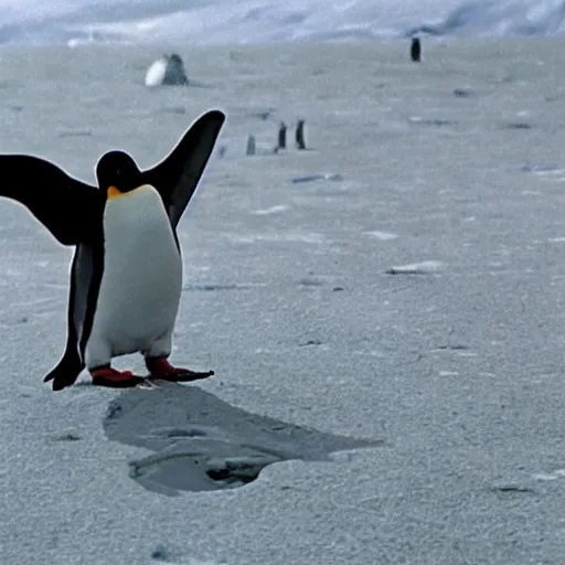 Prompt: footage of penguin moon landing