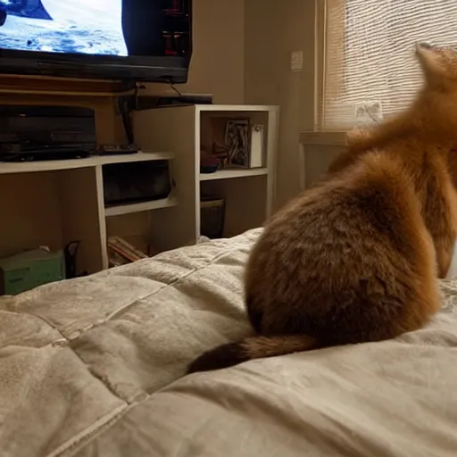 Prompt: view from behind from bed of a cute fluffy caracal wearing headset watching big tv displaying world of tanks, intricate detail, cinematic composition