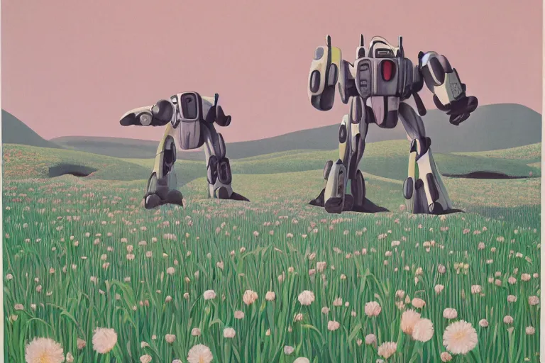 Image similar to giant mecha robot, blooming hills with spring flowers and pillars by helen lundeberg