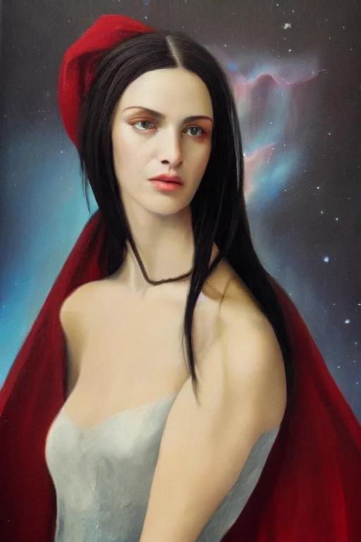 Image similar to hyperrealism oil painting, close - up portrait of european medieval brunette vampire fashion model, knight, steel gradient mixed with nebula sky, in style of baroque