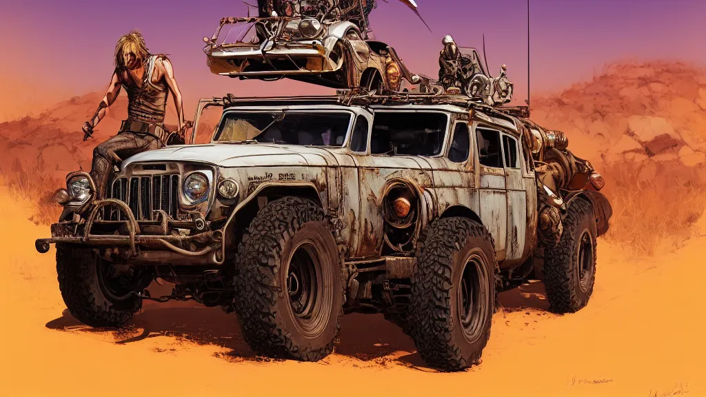 Prompt: digital illustration of mad max's fj 4 0 pursuit special riding fury road eternal shiny and chrome, world of fire and blood, the last v 8 interceptor driving down to the gates of valhalla highway, anime style, year 2 0 9 3, by makoto shinkai, ilya kuvshinov, lois van baarle, rossdraws, basquiat