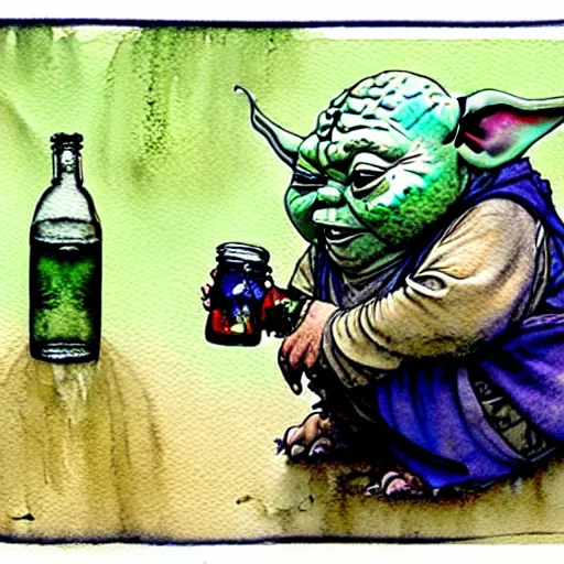 Image similar to a realistic and atmospheric watercolour fantasy character concept art portrait of a fat chibi homeless yoda drinking out of a broken bottle, by rebecca guay, michael kaluta, charles vess and jean moebius giraud