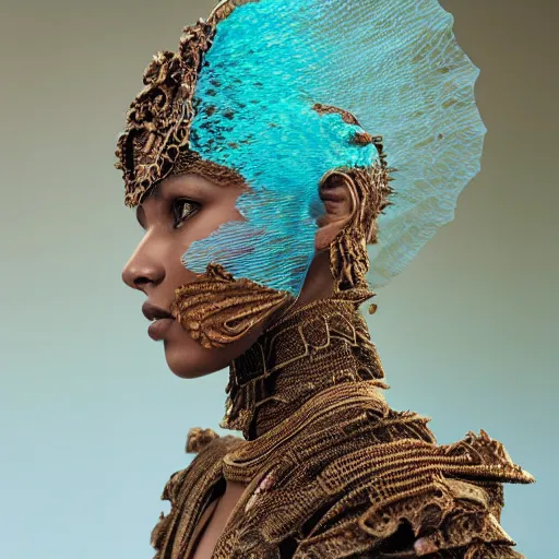 Image similar to a regal brown woman wearing an intricate and detailed armor made of azure ocean waves. layers. textures. delicate. translucent. soft. ethereal. fragile. vulnerable. studio portrait. photorealistic.