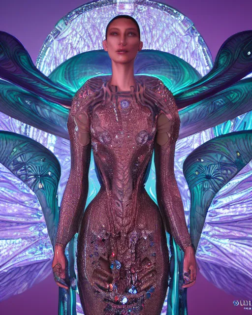 Image similar to a highly detailed metahuman 4 k close up render of an alien goddess bella hadid monument dragonfly in iris van herpen dress schiaparelli in diamonds crystals swarovski and jewelry iridescent in style of alphonse mucha gustav klimt trending on artstation made in unreal engine 4