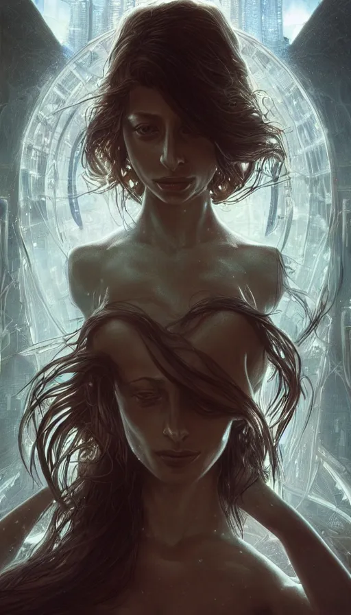 Image similar to testament, altered carbon, angela sarafyan, dreamy vibe, fibonacci, sweat drops, insane intricate, highly detailed, cinematic, atmospheric. digital painting, artstation, concept art, smooth, sharp focus, illustration, unreal engine 5, 8 k, art by artgerm and greg rutkowski and alphonse mucha, laura sava, laura palmer