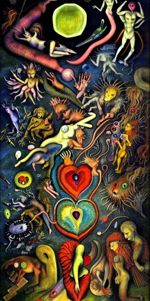 Image similar to mythical creatures and monsters in the visceral anatomical human heart imaginal realm of the collective unconscious, in a dark surreal mixed media oil painting by bosch and kandinsky, dramatic lighting from inner fire