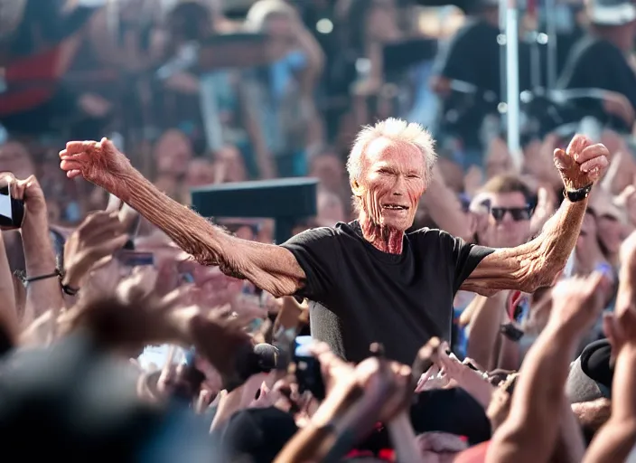 Prompt: photo still of clint eastwood on stage at vans warped tour!!!!!!!! at age 6 8 years old 6 8 years of age!!!!!!!! stage diving into the crowd, 8 k, 8 5 mm f 1. 8, studio lighting, rim light, right side key light