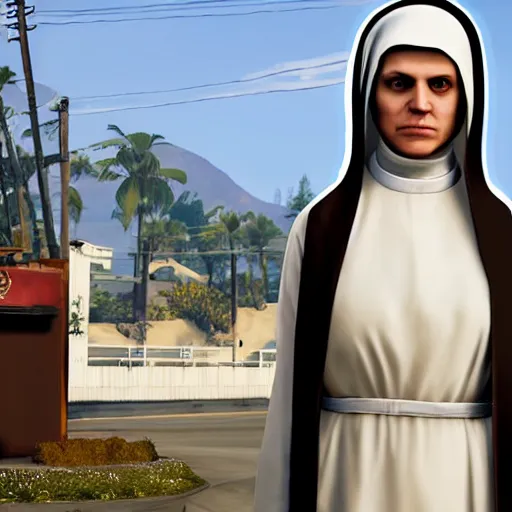 Image similar to catholic nun as a game character in gta 5, game graphics, game screenshot