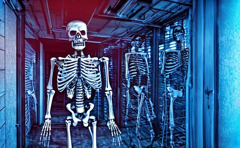 Image similar to terminator skeleton, staying in front of server room. extreme long shot, high detail, low saturated red and blue light, cinematic colors