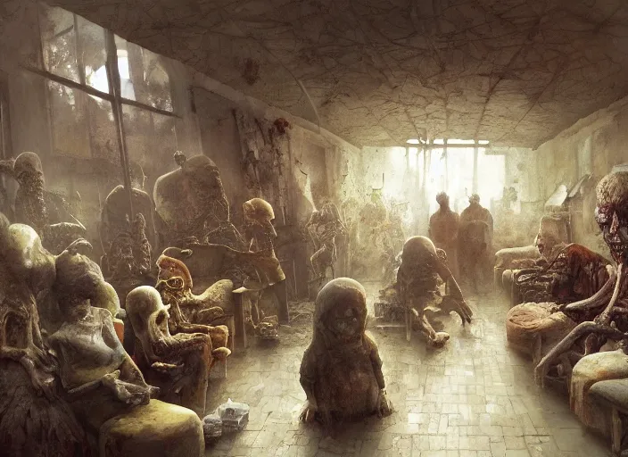 Prompt: zombies waiting in a waiting room, eerie, liminal, isometric, by craig mullins, by mattias adolfsson, by hieronymus bosch, oil on canvas,