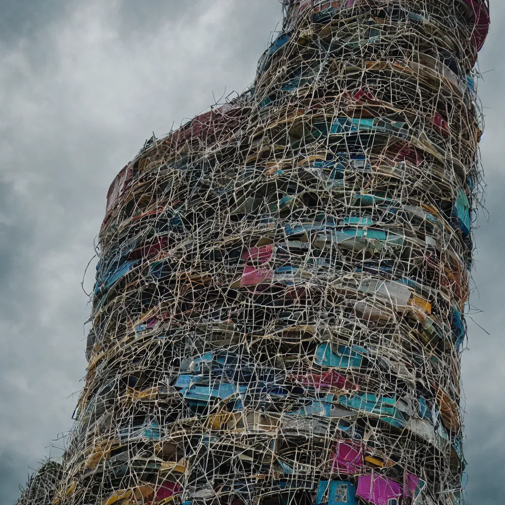 Image similar to close - up view of a circular tower made up of colourful makeshift squatter shacks, bleached colours, moody cloudy sky, dystopia, mamiya, very detailed, photographed by cristina de middel