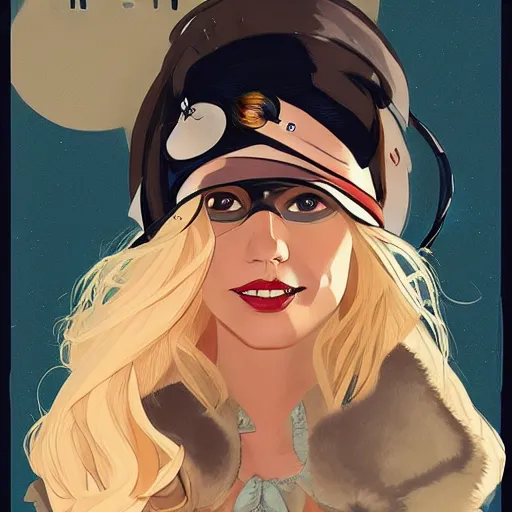 Image similar to Joshua Middleton comic art, stunning female Actress Audrey Plaza, spy, eye patch over left eye, evil smile, symmetrical face, symmetrical eyes, tailored clothing, long straight blonde hair, full body, Winter night