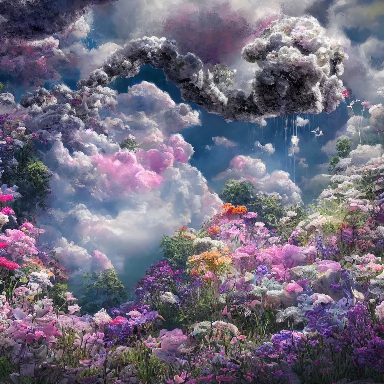 Image similar to a beautiful painting of every cloud has a silver lining, made from flowers and fungi, highly detailed, 8 k resolution, trending on artstation