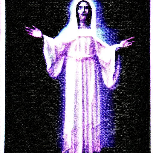 Prompt: vhs static overlay of marian apparition, vhs, 1 9 9 0, beautiful, highly realistic, highly detailed, vhs noise static, black and white, vhs glitch