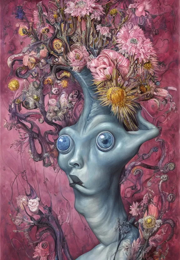 Image similar to a biomorphic painting of a vase with flowers and eyeballs in it, a surrealist painting by marco mazzoni, by dorothea tanning, pastel blues and pinks, lips, featured on artstation, metaphysical painting, oil on canvas, fluid acrylic pour art, airbrush art, seapunk, rococo, lovecraftian