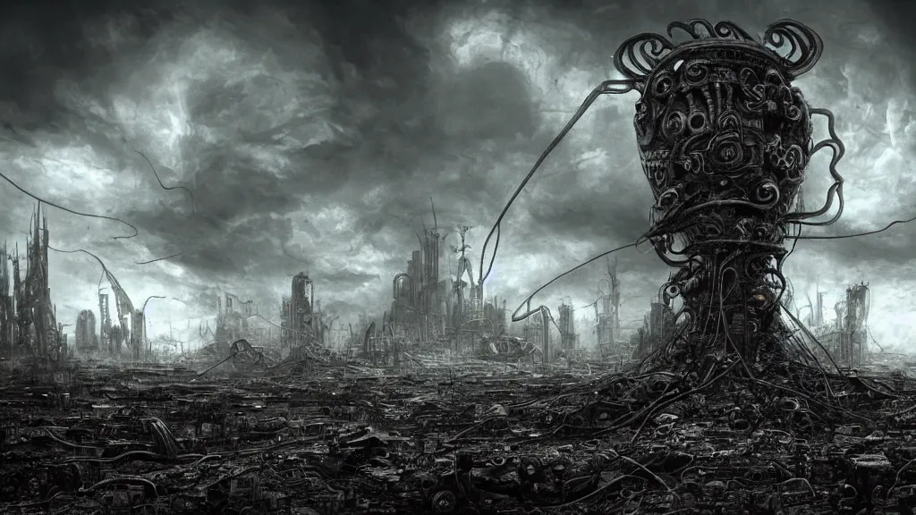 Image similar to A tower with an Eyeball at the top, BioMechanical like Giger, with tentacles coming out, looking over a stormy post-apocalyptic wasteland, dystopian art, wide lens