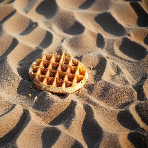 Prompt: an eggo waffle in the sand on the beach, high quality photograph, sigma 8 5 mm f / 8