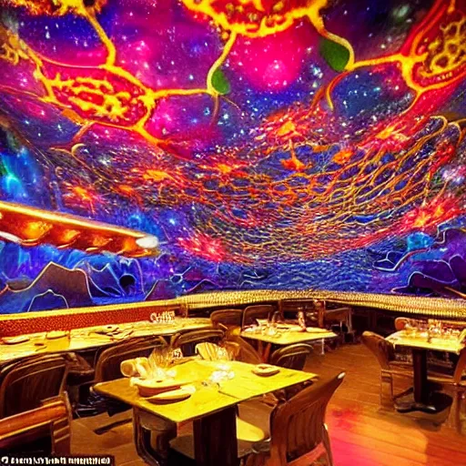 Prompt: The restaurant at the end of the universe, intricate, stunning, colorful, mysterious, ethereal atmosphere, stars