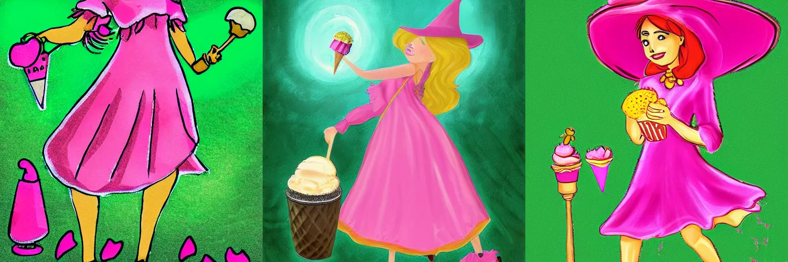 Prompt: a witch, dressed in a pink dress, with a ice cream, is walking in a green cornfire, digital art