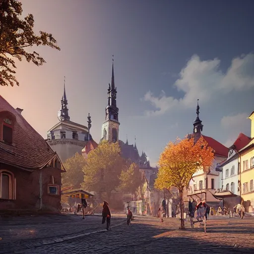 Image similar to a beautiful hyper realistic photo of banska stiavnica in summer with old houses and trees in sunset, sky, people walking on street, unreal engine, by greg rutkowski and james gurney, artstation