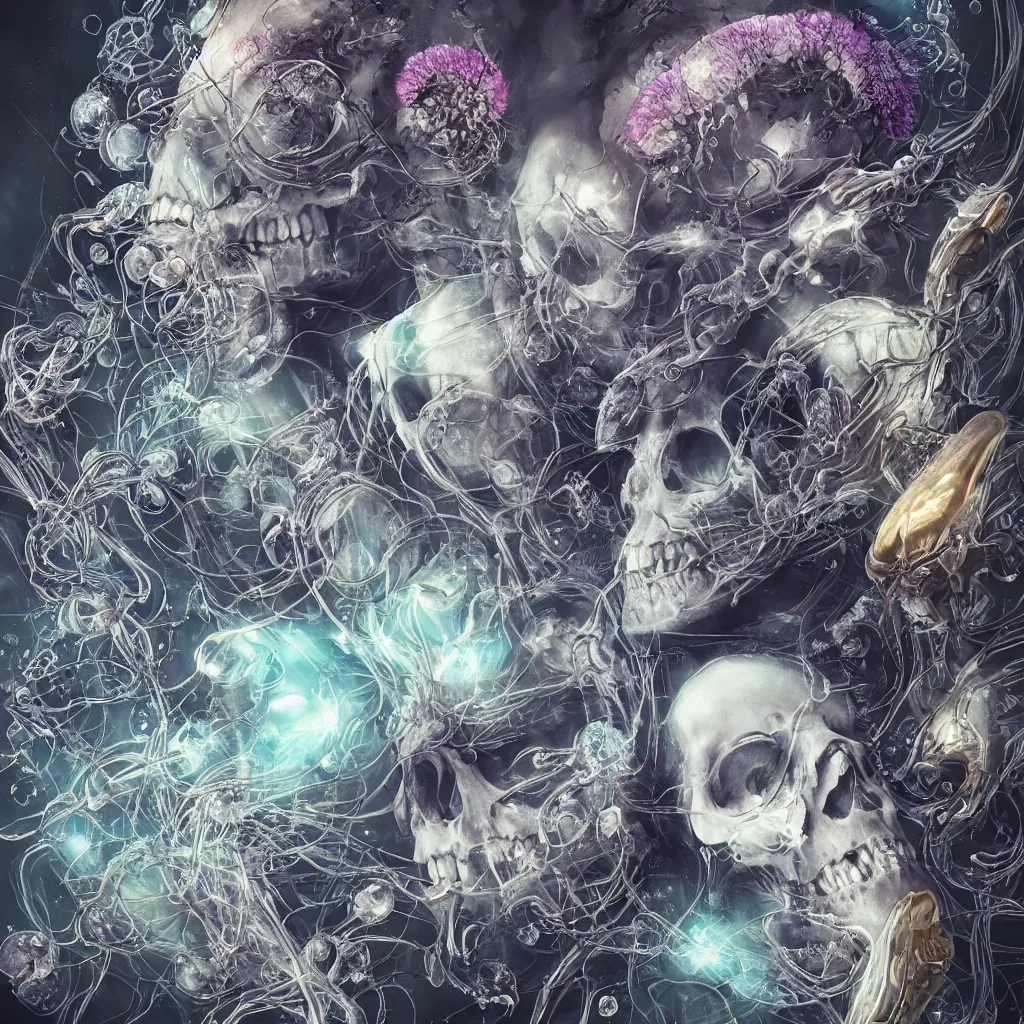 Image similar to close-up portrait goddess skull, thorax, x-ray, backbone, jellyfish phoenix head, nautilus, orchid, betta fish, bioluminiscent creatures, dark deep complex air bubbles in background, intricate artwork by Tooth Wu and wlop and beeple. octane render, trending on artstation, greg rutkowski very coherent symmetrical artwork. cinematic, black and white, contrast, hyper realism, high detail, octane render, 8k