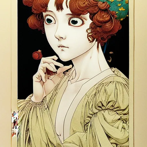 Image similar to prompt: Portrait painted in renaissance style drawn by Katsuhiro Otomo and Takato Yamamoto, inspired by Fables, china doll face, smooth face feature, intricate oil painting, high detail, sharp high detail, manga and anime 2000