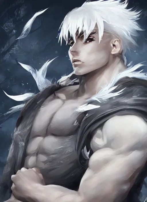 Image similar to a highly detailed illustration of fierce short white haired parted through the middle young attractive asian man, wearing hakama, with black sclera eyes, heroically battle posing, muscular, intricate, elegant, highly detailed, centered, digital painting, artstation, concept art, smooth, sharp focus, league of legends concept art, WLOP